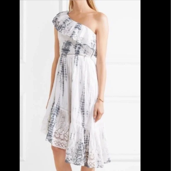 blue and white love shack fancy dress Loveshackfancy Jayna Cinched Blue Lace Trim Mini Dress